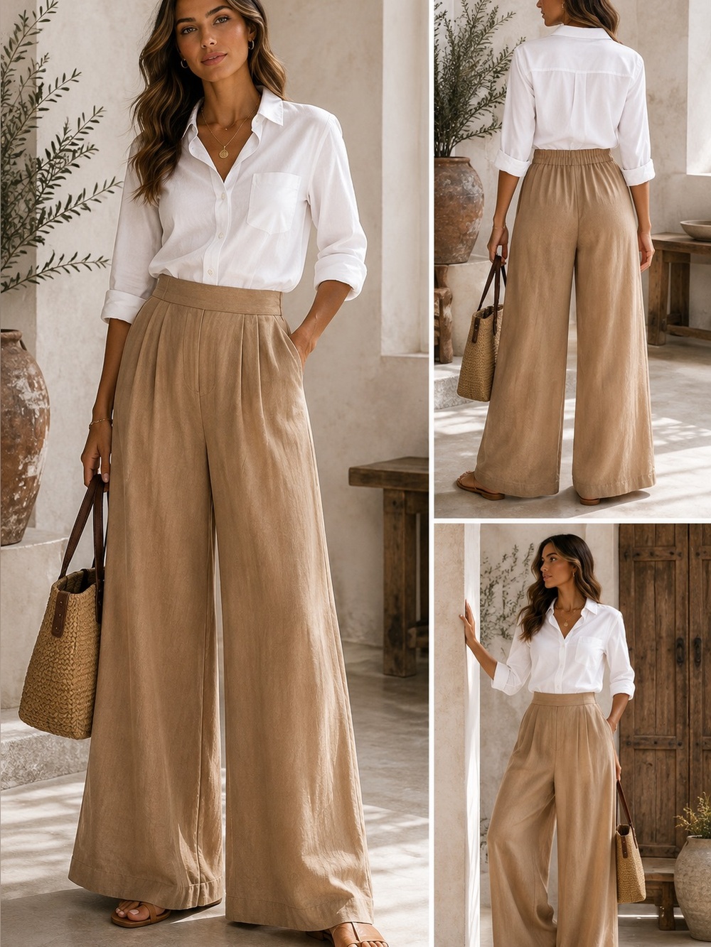 High-Rise Wide-Leg Linen-Blend Pants in Tan